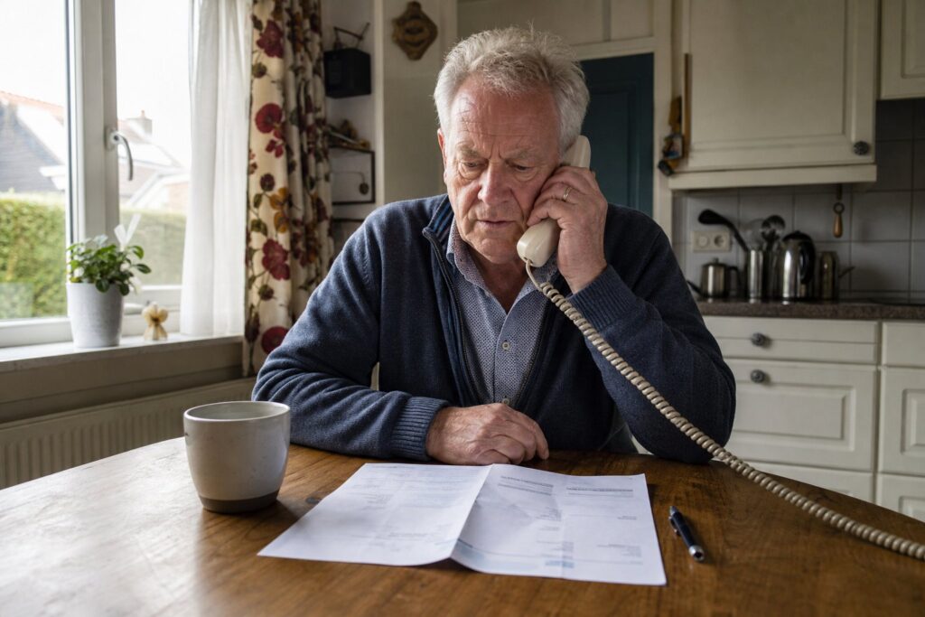 Oudere man aan een keukentafel belt met een vaste telefoon en kijkt naar een openliggende energienota