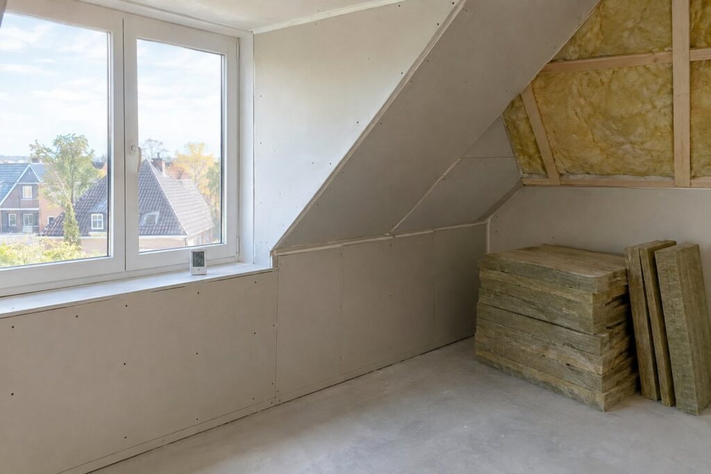 Hygrometer op de vensterbank van een zolder in renovatie met isolatiepakketten