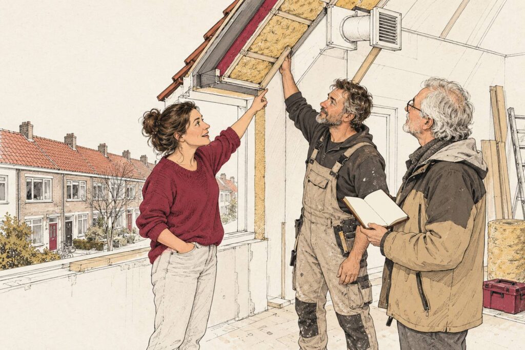 Illustratie van een bewoner die bezoekers dakisolatie en ventilatie laat zien