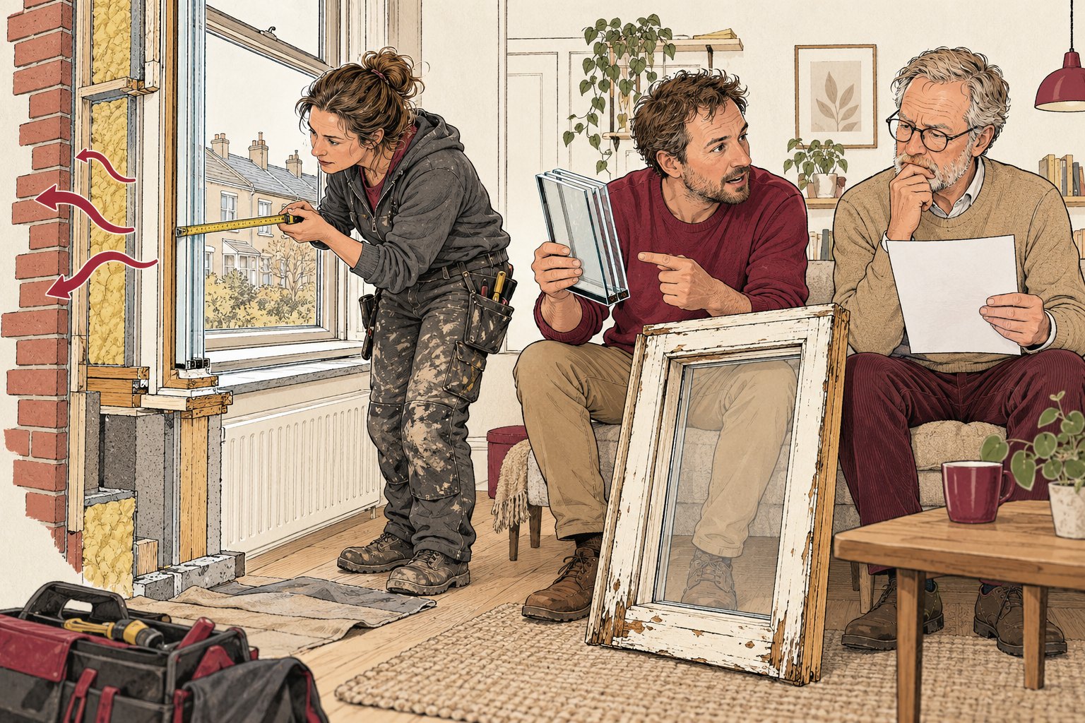 Bewoner en glaszetter vergelijken isolatieglas en een bestaand kozijn