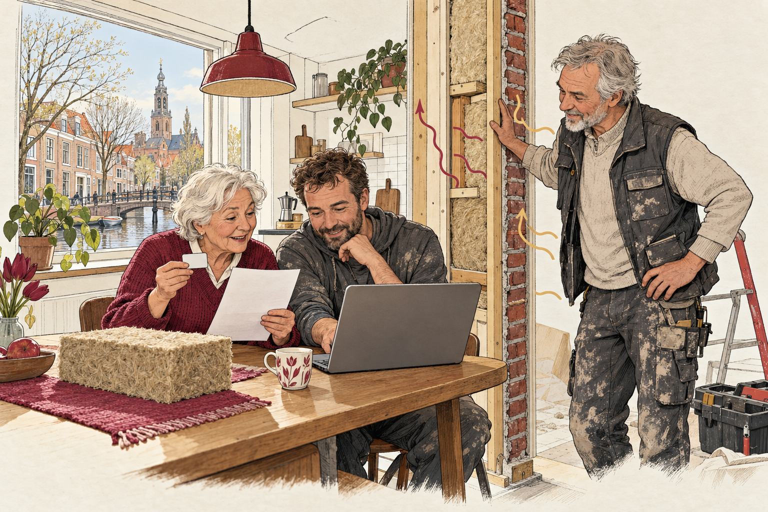 Getekend: een moeder en haar zoon bekijken aan de keukentafel de isolatiesubsidie op een laptop, met een stadspas en een brief van de gemeente; een isolatiemonteur wijst naar een opengewerkte muur