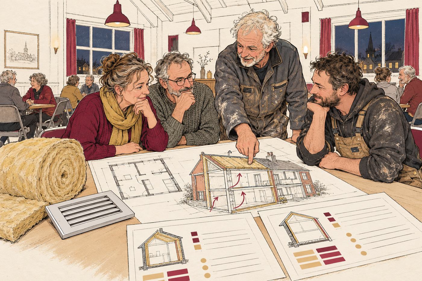 Getekend: een stel en een energiecoach buigen zich in een dorpshuis over een isolatieplan, met een rol isolatiewol en een ventilatierooster op tafel