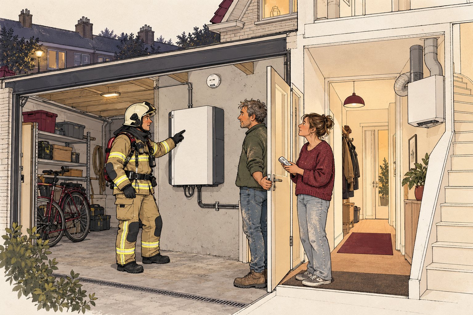 Brandweerman wijst een bewonersstel op de thuisbatterij met rookmelder in hun garage
