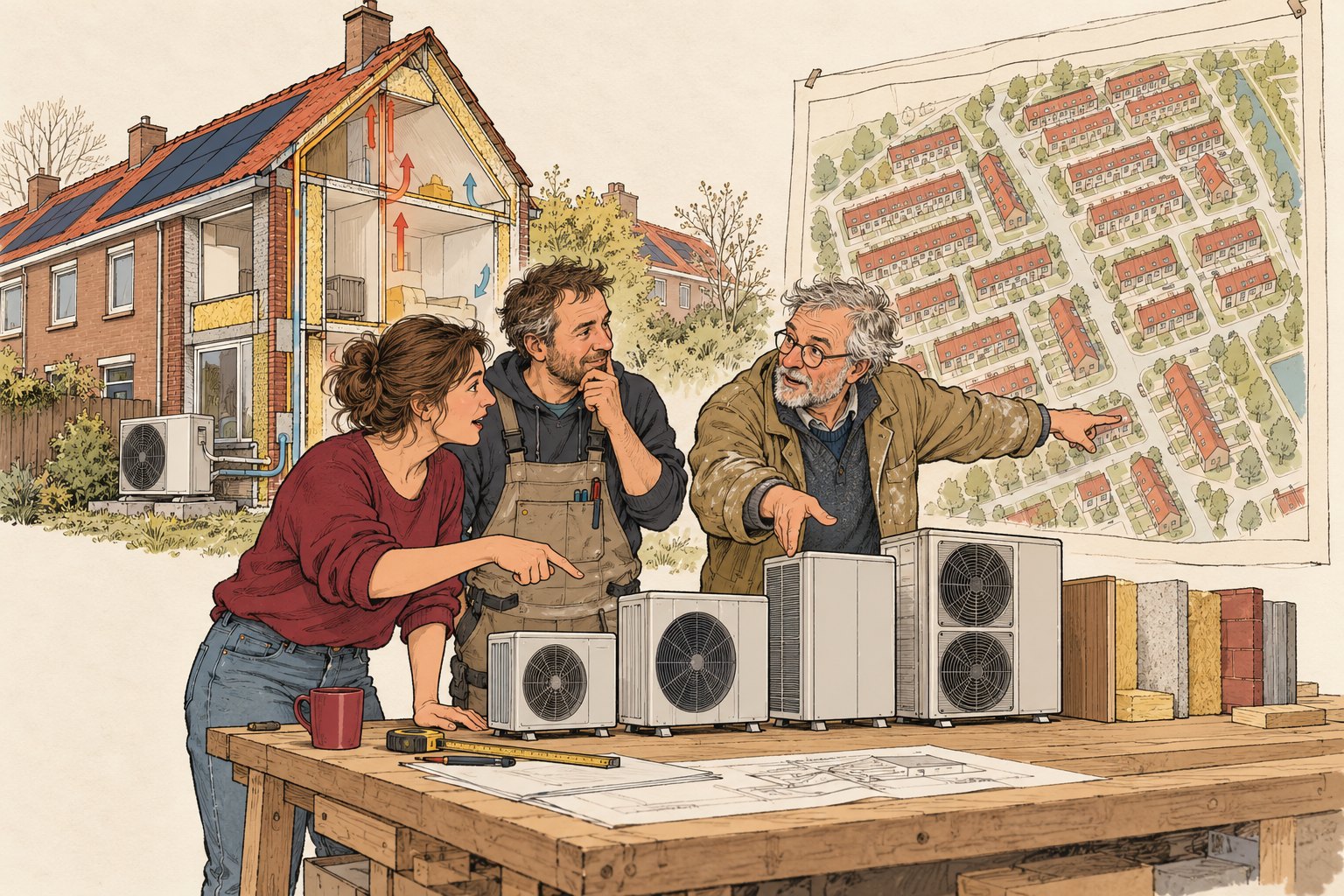Illustratie van bewoners die nieuwe warmtepompen vergelijken met een kaart van bestaande woningen